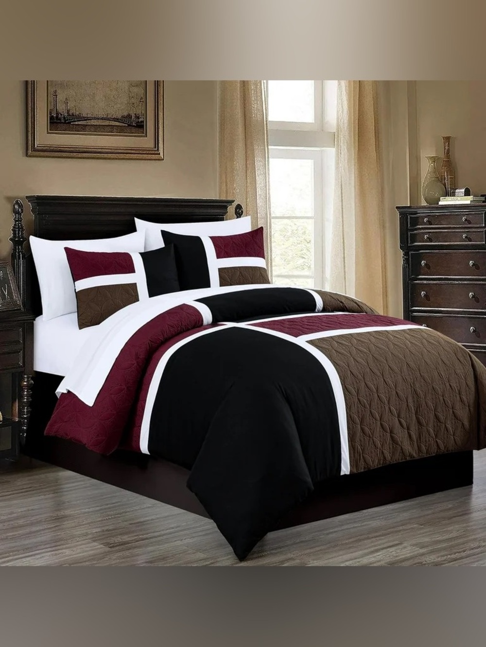 3-Piece Black, Burgundy & Brown Modern Quilt Bedding Set